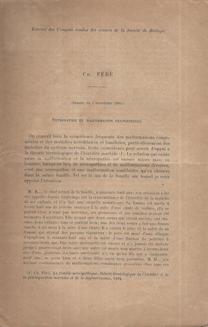 Neuropathie et malformation Fraternelles. Extrait des Comptes rendus des séances de la Société de Biologie - copertina