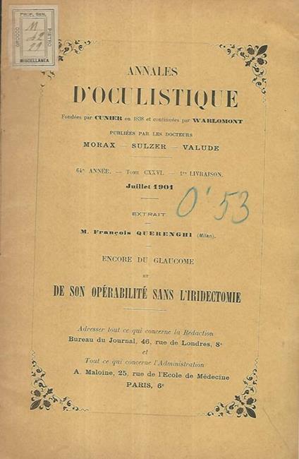 Encore du glaucome et de son operabilité sans l'iridectomie. Annales d'occulistique - copertina