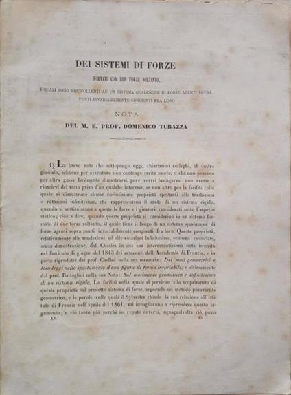 Dei sistemi di forze. formati con due forze soltanto, i quali sono equipollenti ad un sistema qualunque di forze agenti sovra punti invariabilmente congiunti fra loro - Nota del M. E. Prof. Domenico Turazza (presentata il 17 luglio 1870) - copertina