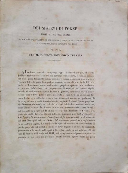 Dei sistemi di forze. formati con due forze soltanto, i quali sono equipollenti ad un sistema qualunque di forze agenti sovra punti invariabilmente congiunti fra loro - Nota del M. E. Prof. Domenico Turazza (presentata il 17 luglio 1870) - copertina