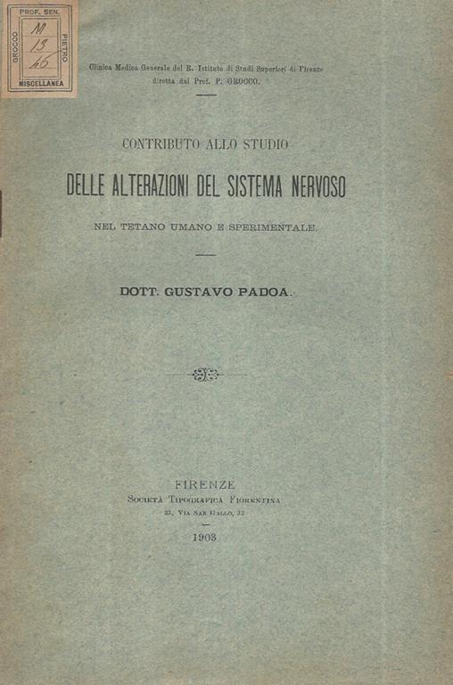 Contributo allo studio delle alterazioni del sistema nervoso. nel tetano umano e sperimentale - copertina