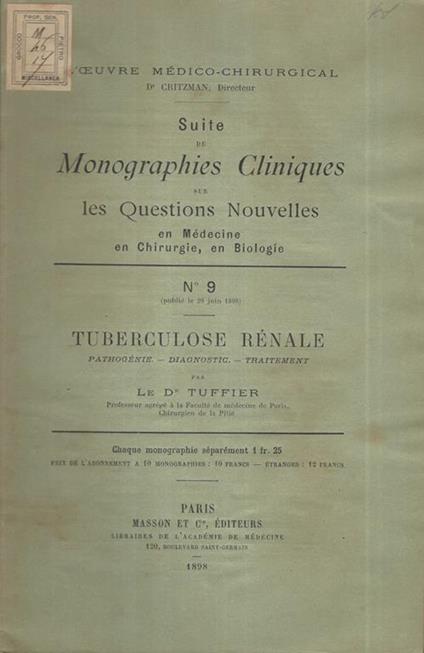 Tuberculose Rénale. Pathogène - Diagnostic - Traitement - copertina