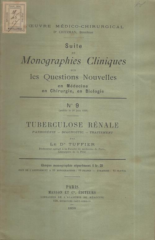 Tuberculose Rénale. Pathogène - Diagnostic - Traitement - copertina