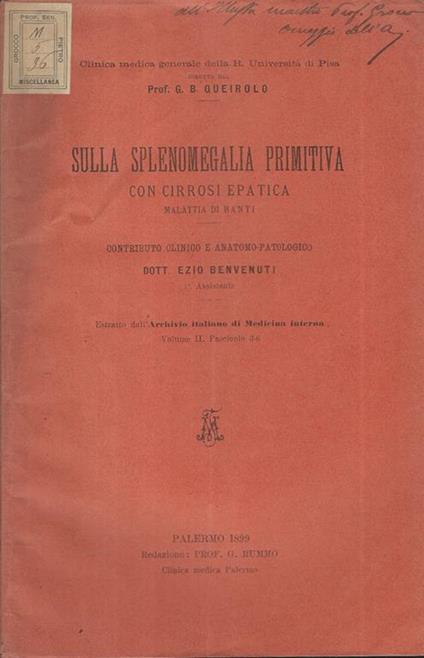 Sulla Splenomegalia Primitiva con cirrosi epatica. Malattia di Banti - copertina