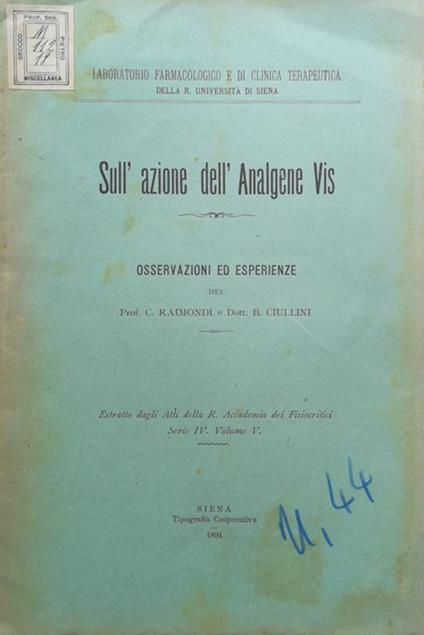 Sull'azione dell'Analgene Vis - copertina
