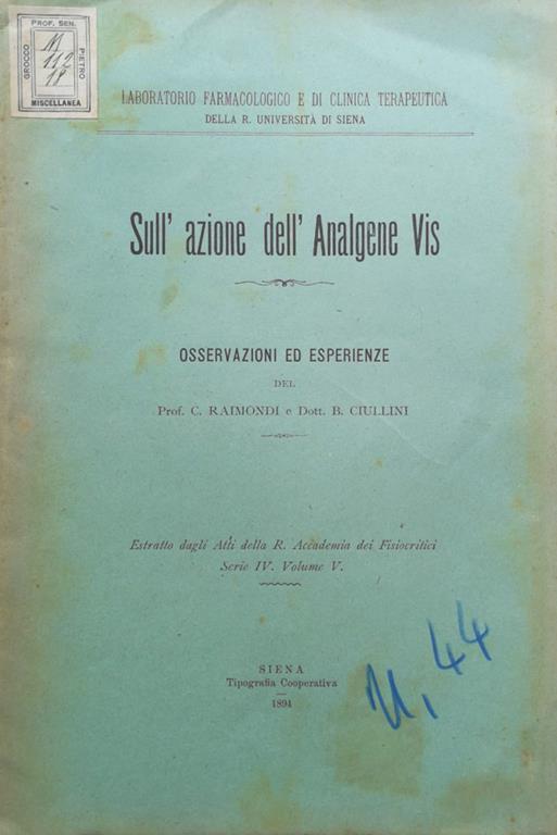 Sull'azione dell'Analgene Vis - copertina