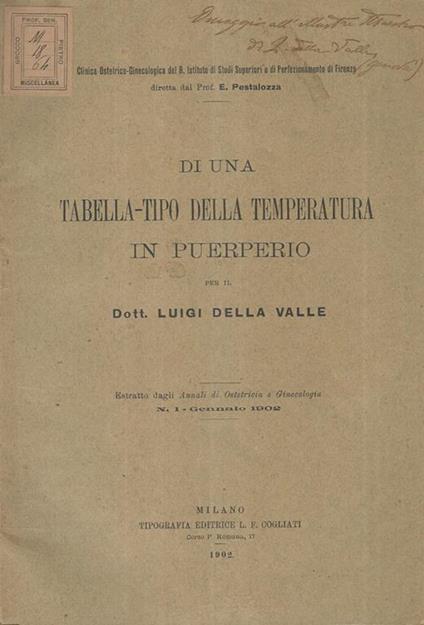 Di una Tabella-tipo della temperatura in puerperio. Estratto dagli Annali di Ostetricia e Ginecologia N. 1 Gennaio 1902 - Luigi Della Valle - copertina