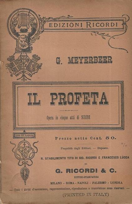 Il profeta. Opera in cinque atti - copertina