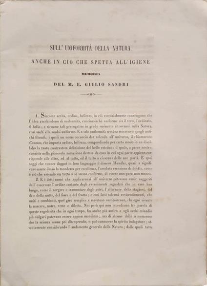 Sull'uniformità della natura anche in ciò che spetta all'igiene. Memoria del M. E. Giulio Sandri (Presentata l'8 dicembre 1869) - Giulio Sandri - copertina