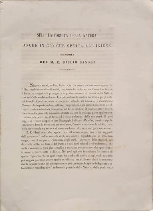 Sull'uniformità della natura anche in ciò che spetta all'igiene. Memoria del M. E. Giulio Sandri (Presentata l'8 dicembre 1869) - Giulio Sandri - copertina