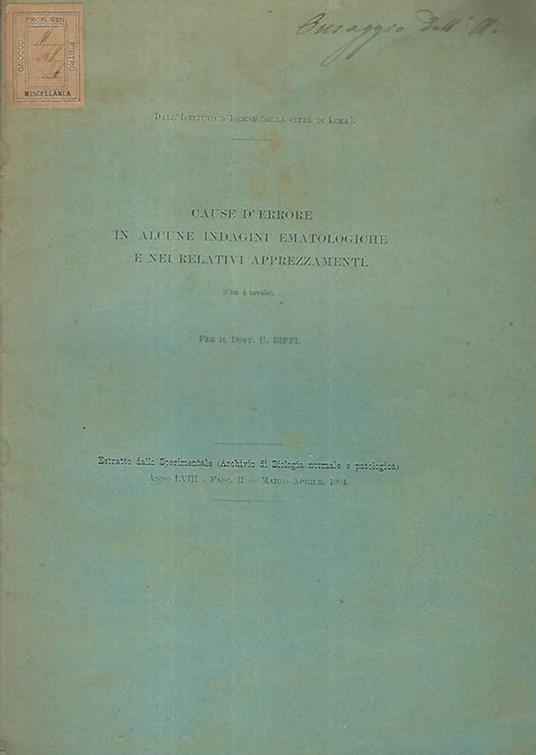 Cause d'errore in alcune indagini ematologiche e nei relativi apprezzamenti - copertina