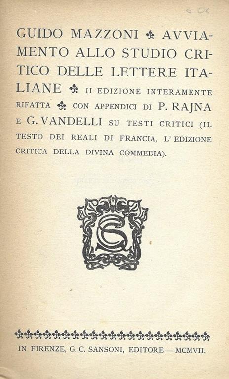 Avviamento allo studio critico delle lettere italiane - Guido Mazzoni - copertina