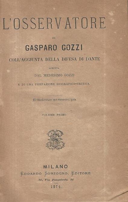 L' Osservatore Vol I. Coll'aggiunta della difesa di Dante - Gaspare Gozzi - copertina