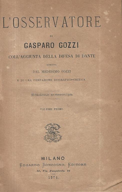 L' Osservatore Vol I. Coll'aggiunta della difesa di Dante - Gaspare Gozzi - copertina