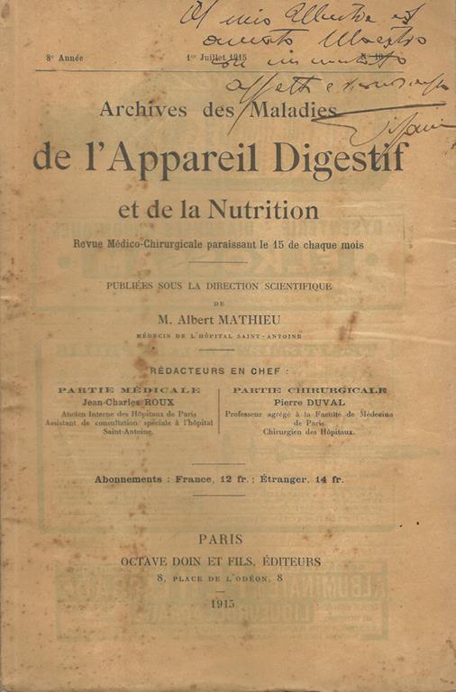 Archives des Maladies de l'Appareil Digestif et de la Nutrition. 8° Année - 1 luglio 1915 - N. 10 - copertina