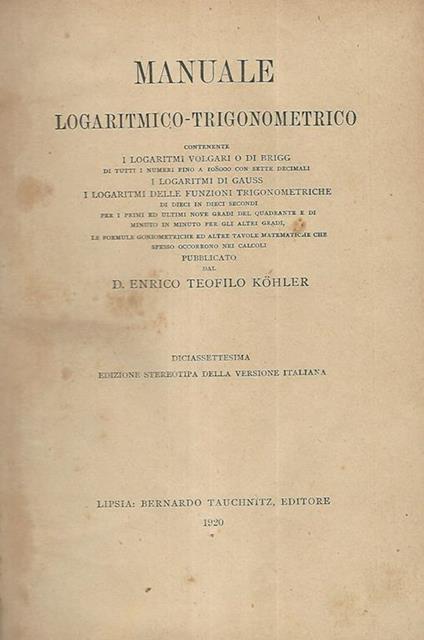 Manuale logaritmico-trigonometrico - copertina