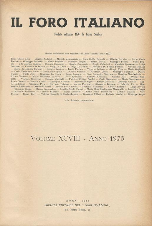 Il Foro Italiano Volume XCVIII-Anno 1975. Raccolta generale di giurisprudenza - copertina