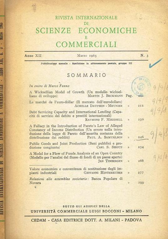 Rivista internazionale di scienze economiche e commerciali anno XII n.3 - Tullio Bagiotti - copertina