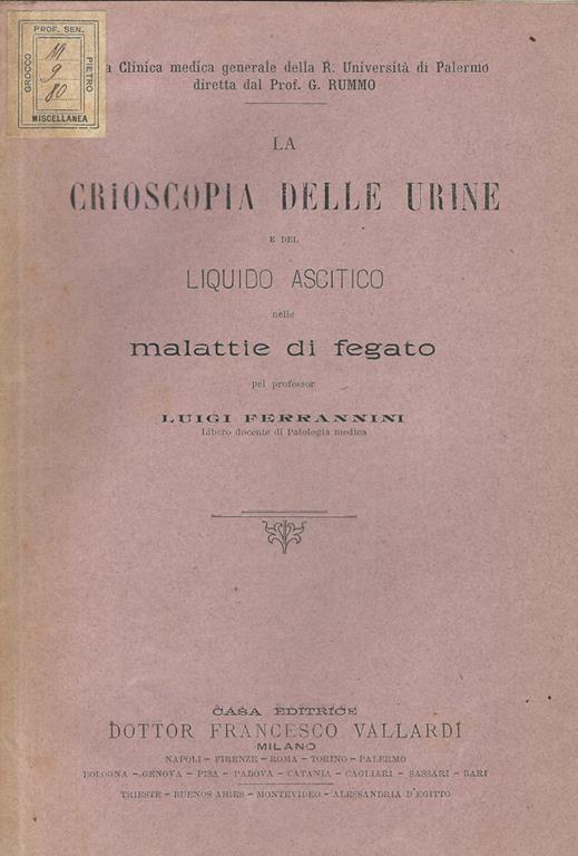 La crioscopia delle urine e del liquido ascitico nelle malattie di fegato - Luigi Ferrannini - copertina