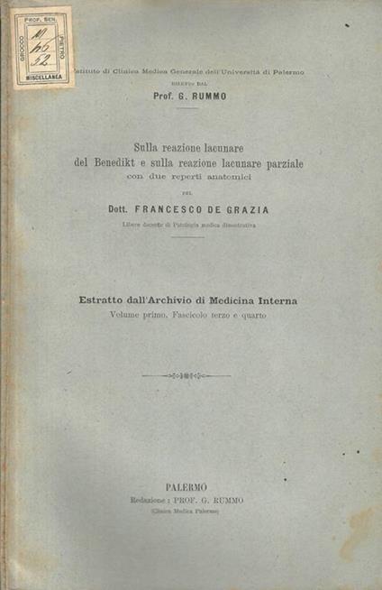 Sulla reazione lacunare del Benedikt e sulla reazione lacunare parziale con due reperti anatomici - copertina
