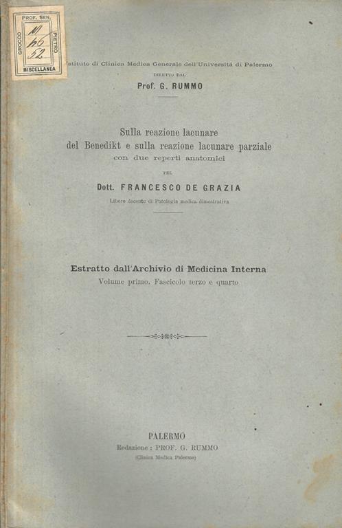 Sulla reazione lacunare del Benedikt e sulla reazione lacunare parziale con due reperti anatomici - copertina