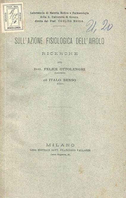 Sull'azione fisiologica dell'airolo. Ricerche - Felice Ottolenghi - copertina