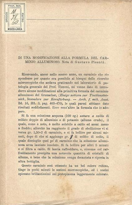 Di una modificazione alla formula del carminio alluminoso. Nota - Gustavo Pisenti - copertina