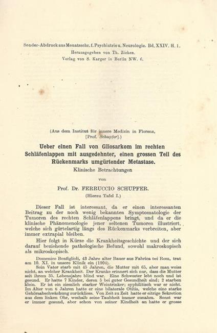 Ueber einen Fall von Gliosarkom im rechten Schlafenlappen mit ausgedehnter, einen grossen Teil des Ruckenmarks umgurtender Metastase - Ferruccio Schupfer - copertina