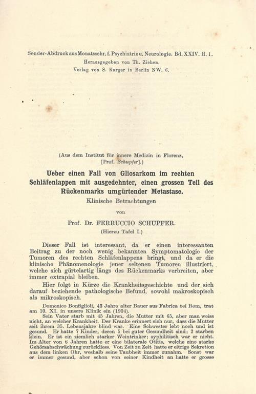 Ueber einen Fall von Gliosarkom im rechten Schlafenlappen mit ausgedehnter, einen grossen Teil des Ruckenmarks umgurtender Metastase - Ferruccio Schupfer - copertina