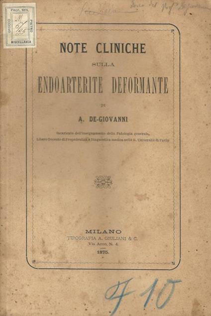 Note cliniche sulla endoarterite deformante - De Giovanni - copertina