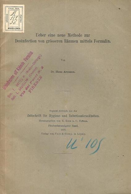 Ueber eine neue methode zur Desinfection von grosseren Raumen mittels Formalin - Hans Aronson - copertina