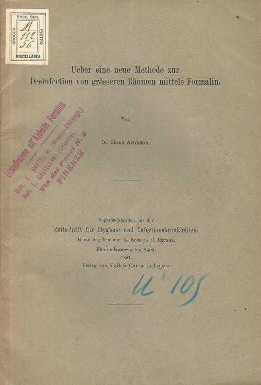 Ueber eine neue methode zur Desinfection von grosseren Raumen mittels Formalin - Hans Aronson - copertina