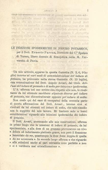 Le iniezioni ipodermiche di ioduro potassico - Ernesto Parona - copertina