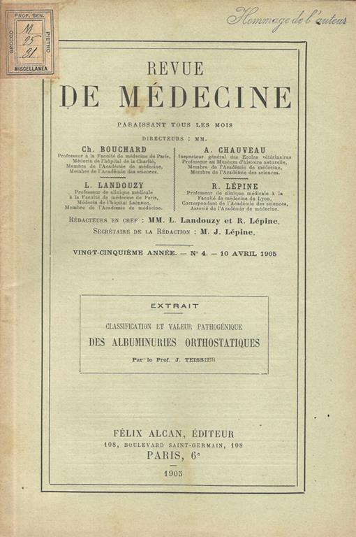 Classification et valeur pathogénique des albuminuries arthostatiques - J. Teissier - copertina