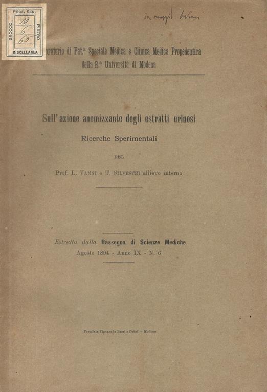 Sull'azione anemizzante degli estratti urinosi. Ricerche Sperimentali - L. Vanni - copertina