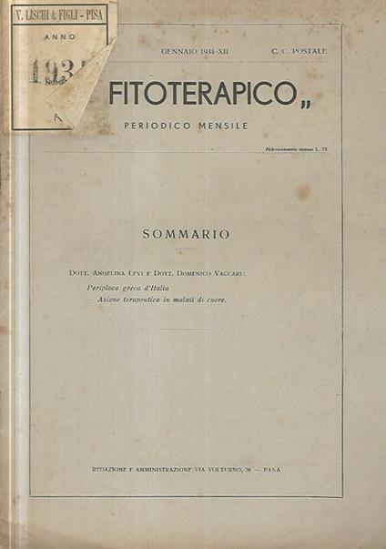 Fitoterapico Periodico mensile Gennaio 1934 - copertina