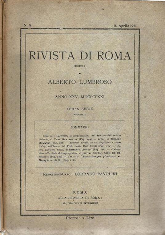 Rivista di Roma. Anno 1921 - N. 8 e N. 12-13 - Alberto Lumbroso - copertina
