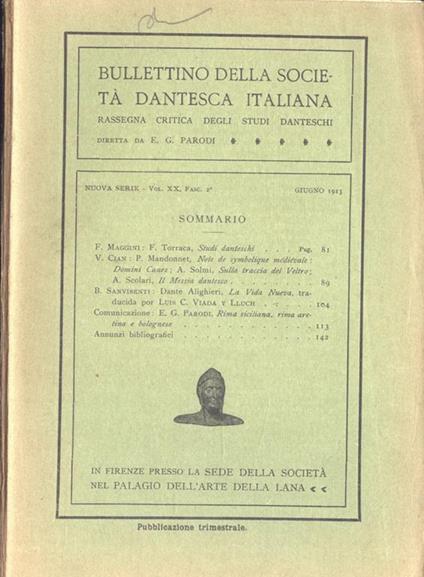 Bullettino della Società Dantesca Italiana Vol. XX, Fasc. 2. Rassegna critica degli studi danteschi - Ernesto Giacomo Parodi - copertina