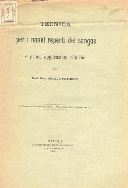 Tecnica per i nuovi reperti del sangue e prime applicazioni cliniche - copertina