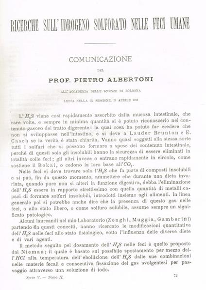 Ricerche sull'idrogeno solforato nelle feci umane. Estratto da Memorie della R.Accademia delle scienze dell'Istituto di Bologna anno 1903 serie V tomo X fascicolo 3 - Pietro Alberoni - copertina