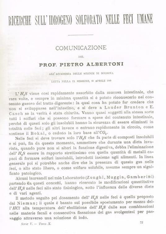 Ricerche sull'idrogeno solforato nelle feci umane. Estratto da Memorie della R.Accademia delle scienze dell'Istituto di Bologna anno 1903 serie V tomo X fascicolo 3 - Pietro Alberoni - copertina