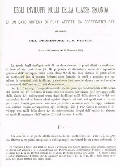 Degli inviluppi nulli della classe seconda, di un dato sistema di punti affetti da coefficienti dati. Estratto da Memorie della R.Accademia delle scienze dell'Istituto di Bologna anno 1883 serie IV tomo IV fascicolo 1 - copertina