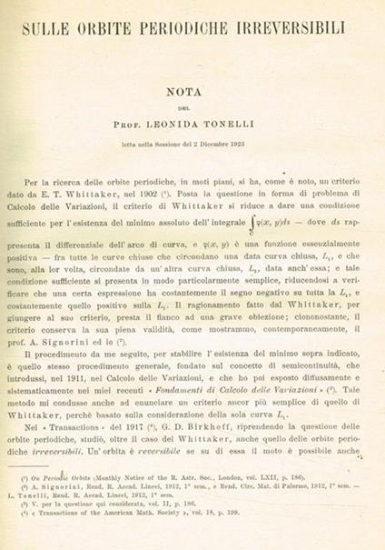 Sulle orbite periodiche irreversibili. Estratto da Memorie della R.Accademia delle scienze dell'Istituto di Bologna anno 1923-24 serie VIII tomo I - Leonida Tonelli - copertina