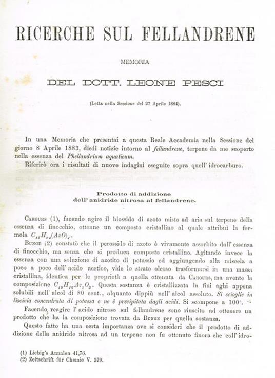 Ricerche sul Fellandrene. Estratto da Memorie della R.Accademia delle scienze dell'Istituto di Bologna anno 1885 serie IV tomo VI fascicolo 1 - Leone Pesci - copertina