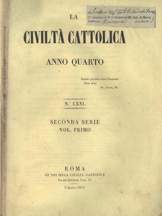 La Civiltà Cattolica 1853 - copertina
