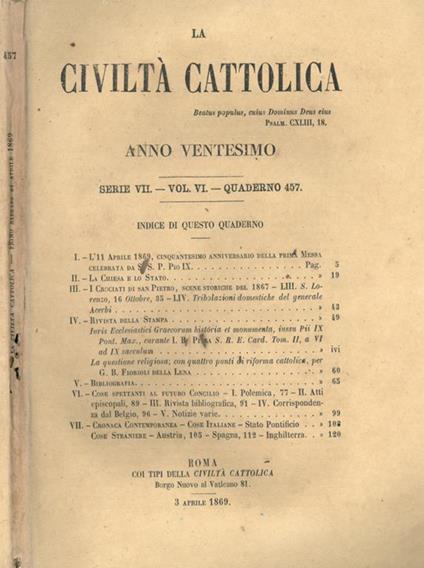 La Civiltà Cattolica 1869 - copertina