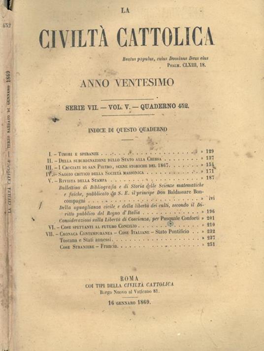 La Civiltà Cattolica 1869 - copertina