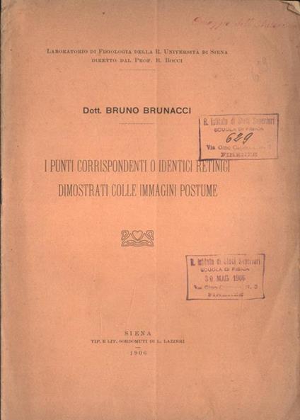 I punti corrispondenti o identici retinici dimostrati colle immagini postume - Bruno Brunacci - copertina