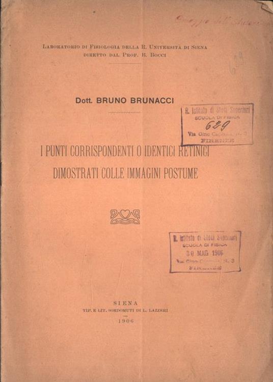 I punti corrispondenti o identici retinici dimostrati colle immagini postume - Bruno Brunacci - copertina