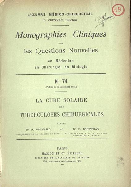 La cure solaire des tuberculoses chirurgicales - P. Vignard - copertina